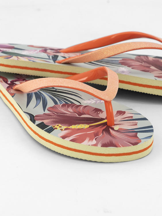 Koraalkleurige teenslipper bloemenprint