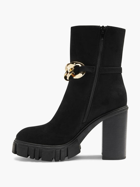 Black Suede Chunky High Heeled Chain Detailed Boot