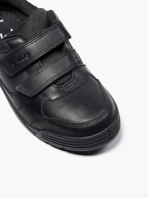 (Clarks) Clarks Junior Boy Black Leather Twin Strap School Shoes Wide