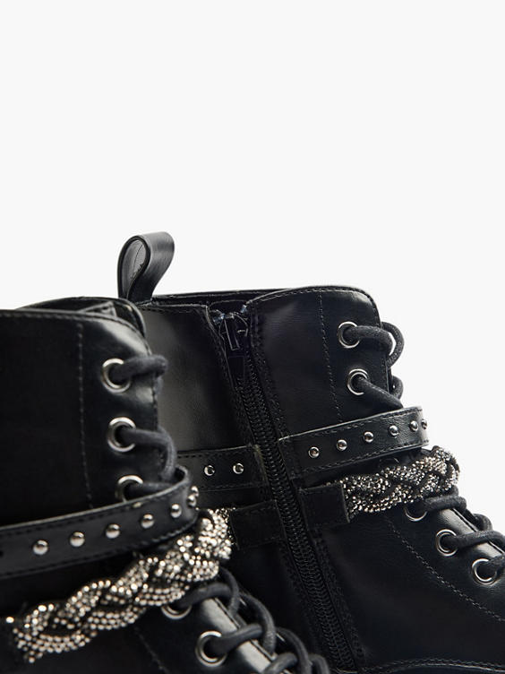 Black Lace Up Biker Boot With Buckle Braid Detail