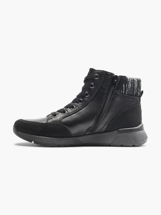 Black and Grey Leather Wedge Lace Up Comfort Boot