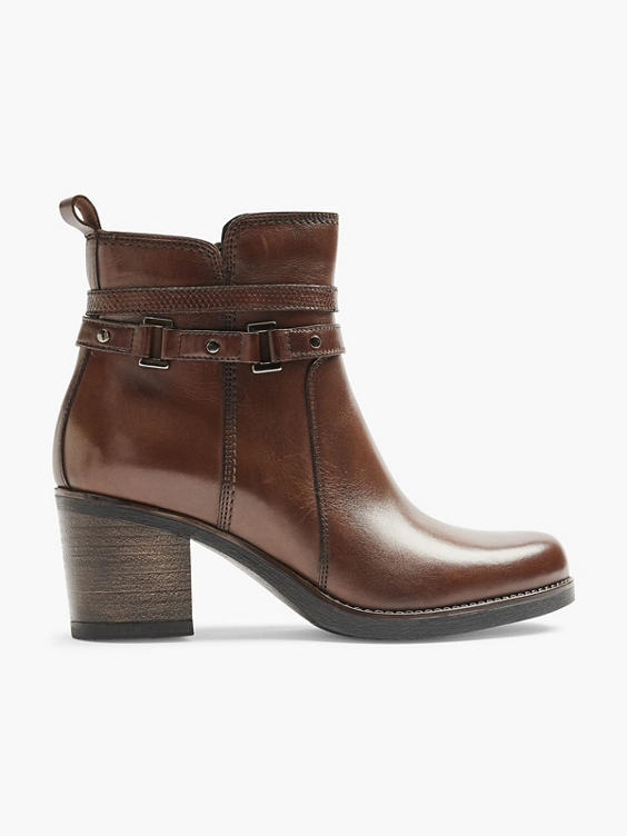 Brown Leather Heeled Ankle Boot With Strap Buckle Detail