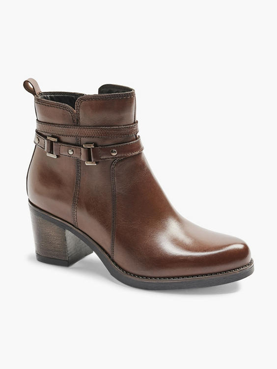 Brown Leather Heeled Ankle Boot With Strap Buckle Detail