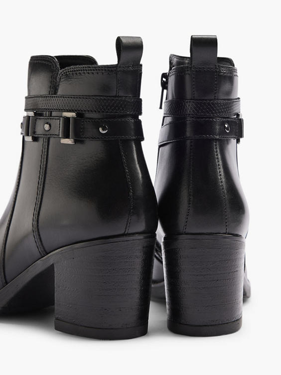 Black Leather Heeled Ankle Boot With Strap Buckle Detail
