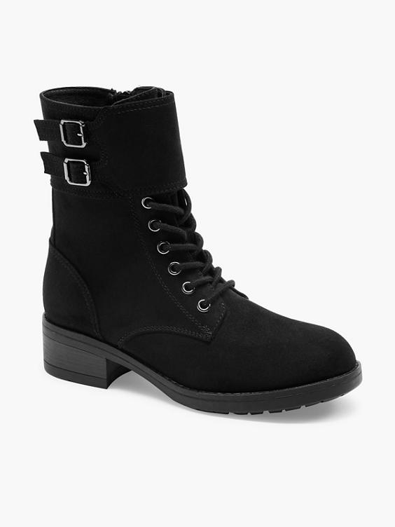 Black Suede Wide Strap Double Buckle Lace Up Boot