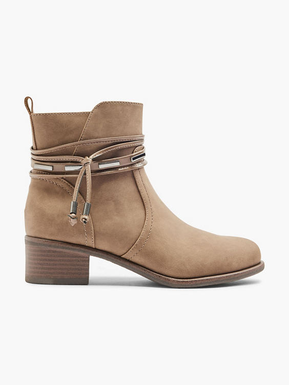 Taupe Heeled Ankle Boot With Tassel Trim