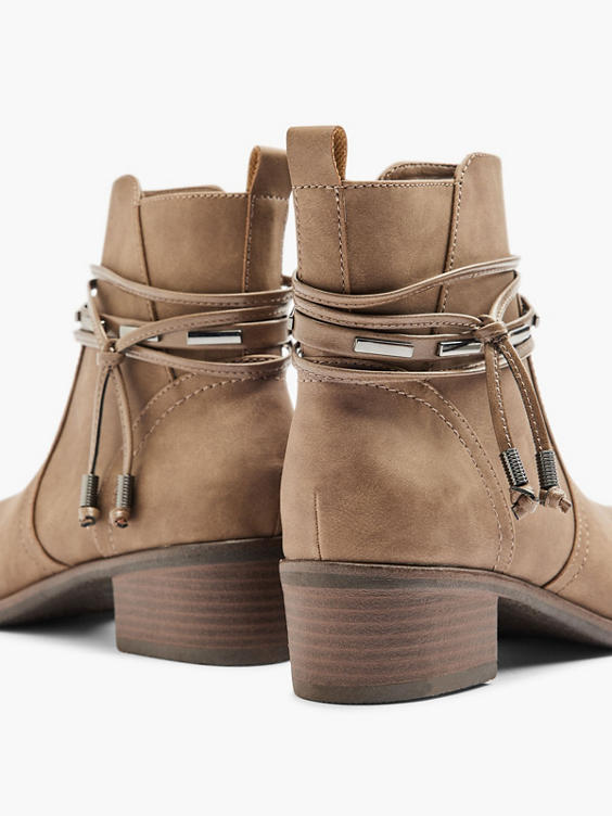 Taupe Heeled Ankle Boot With Tassel Trim