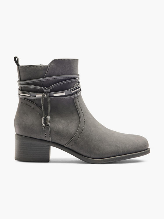 Grey Heeled Ankle Boot With Tassle Trim