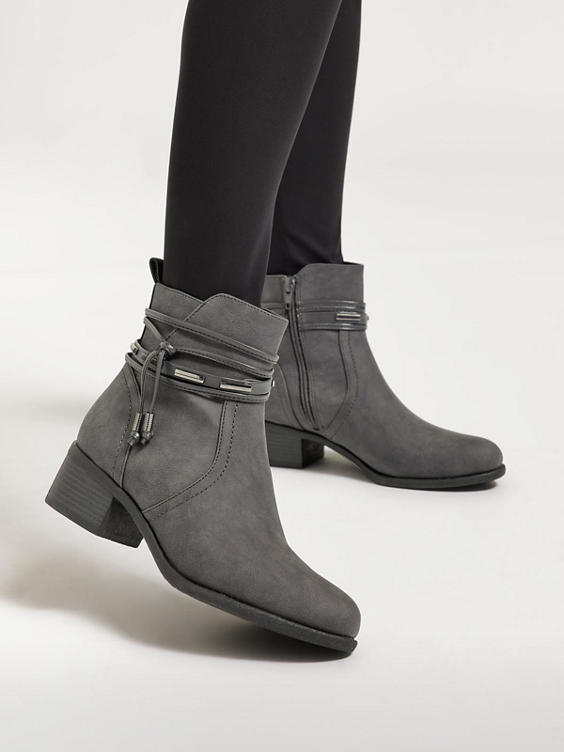 Grey Heeled Ankle Boot With Tassle Trim