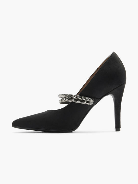 Black Pointed Stilleto Heel With Glitter Strap Detail