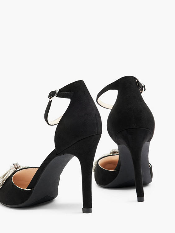 Black Pointed Toe Bow Stiletto Heel With Ankle Strap
