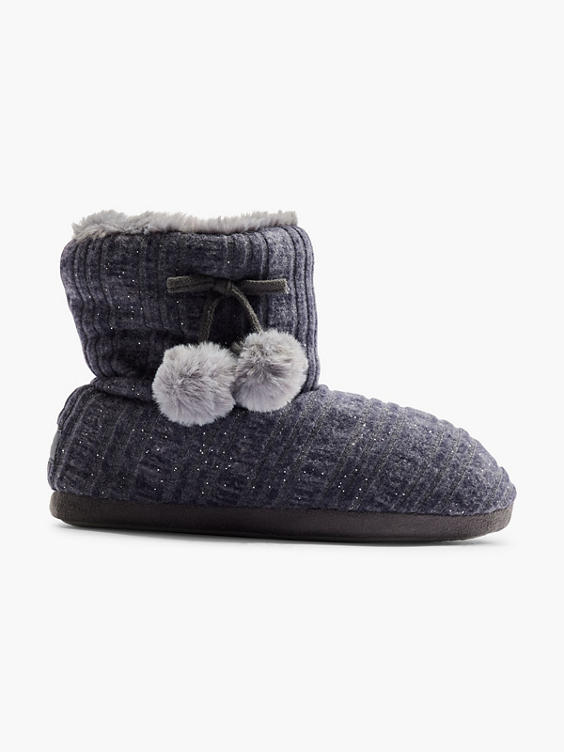 Women's Grey Boot Slipper with PomPoms