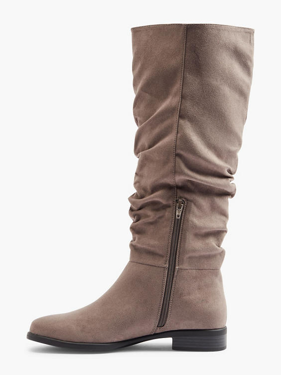 Grey Faux Suede Ruched Long Leg Boot