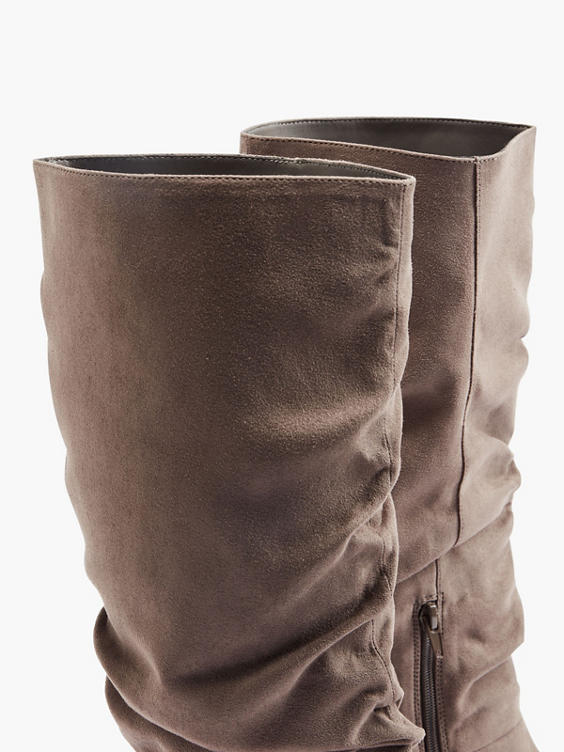 Grey Faux Suede Ruched Long Leg Boot
