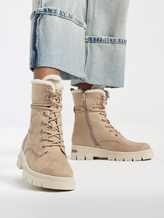 Beige Faux Fur Lined Boot With Wrap Around Laces