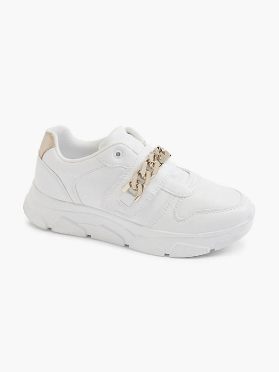 (Venice) Women's Chunky White Trainer with Chain Detailing in Gold ...