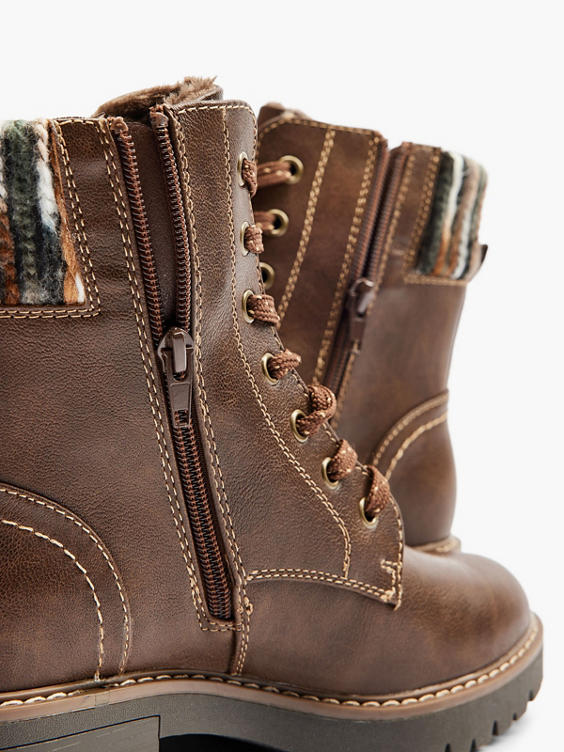 Brown Lace Up Stitched Detail Boot