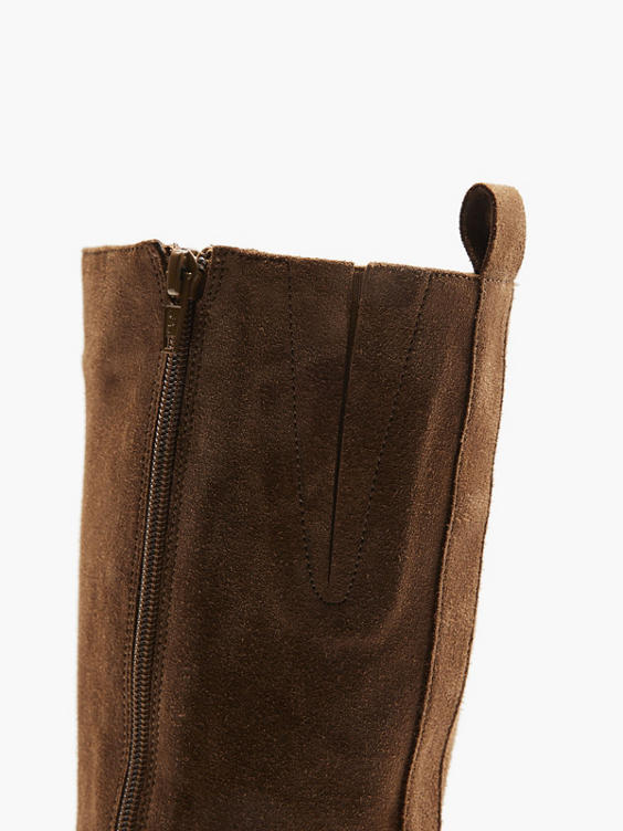 Brown Leather Suede Chunky Long Leg Boot