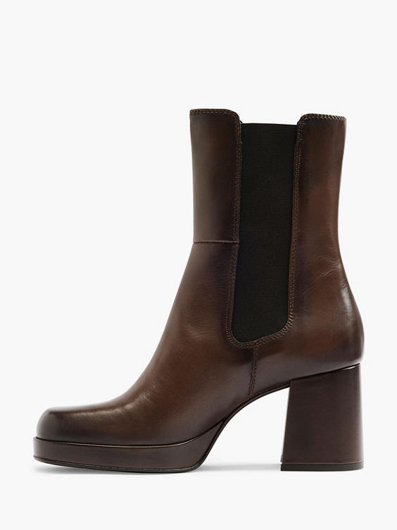 Brown Leather Platform High Heeled Boot