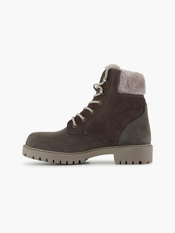 Grey Leather Suede Faux Fur Lined Lace Up Boot
