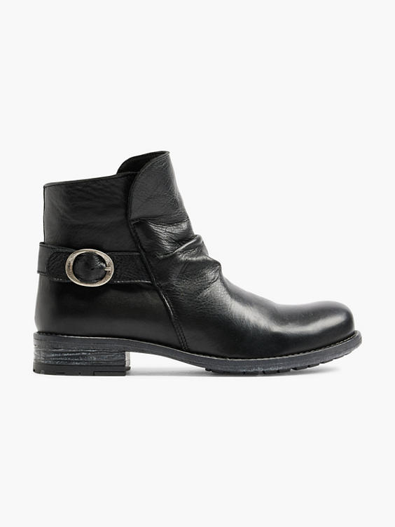 Black Leather Buckle Detailed Ankle Boot