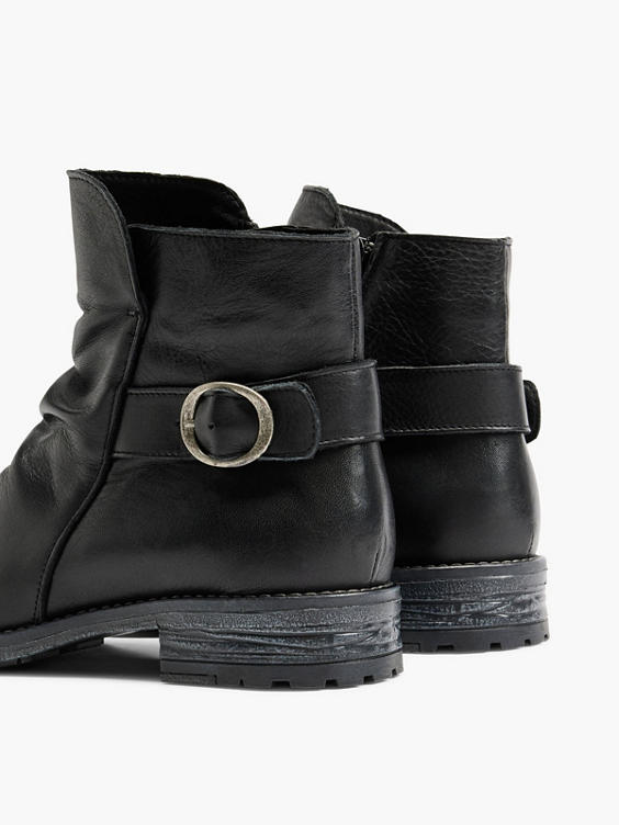 Black Leather Buckle Detailed Ankle Boot