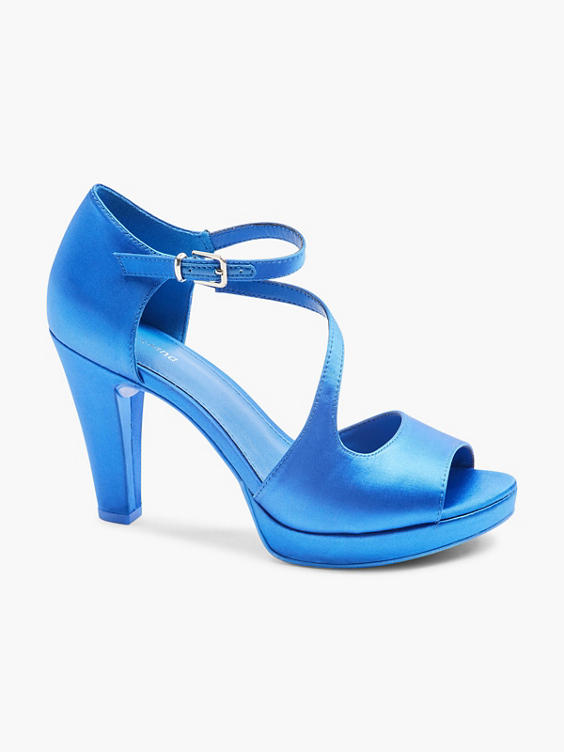 Blue Satin Platform High Heel with straps and Buckle Detail