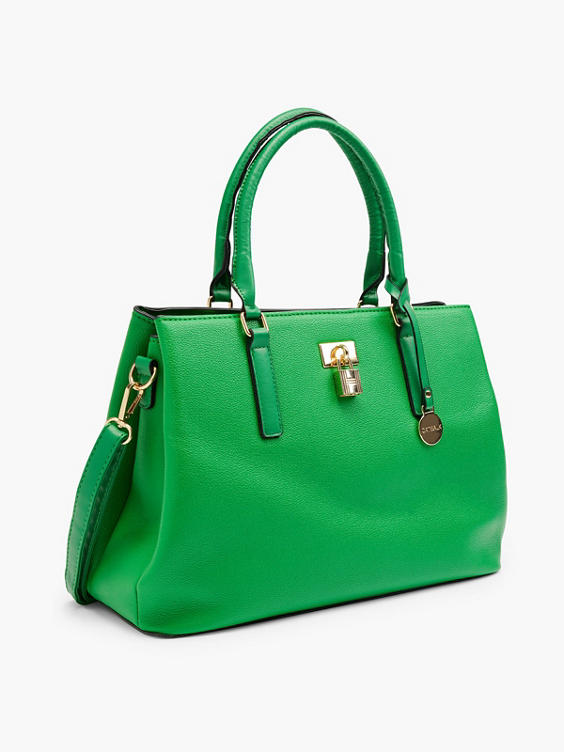 Green Tote Bag with Matching Bag Charm and Lock Detail