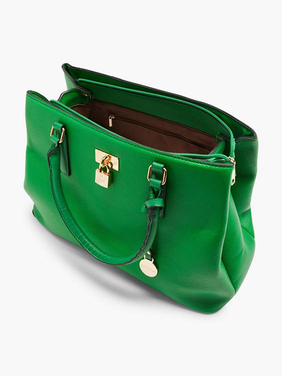 Green Tote Bag with Matching Bag Charm and Lock Detail