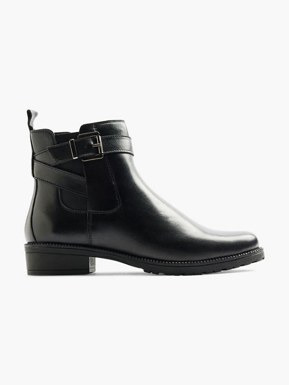 Black Leather Ankle Boot with Buckle Detailing 