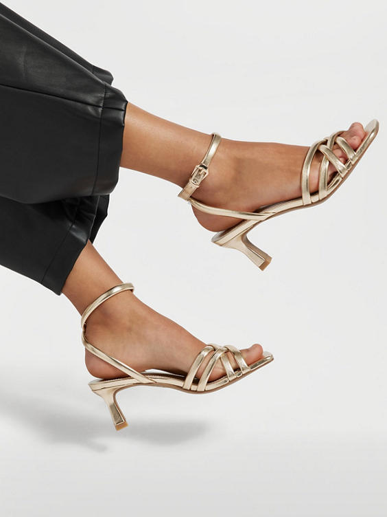 Gold Cross Strap Heeled Sandal with Ankle Strap