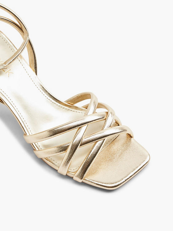 Gold Cross Strap Heeled Sandal with Ankle Strap