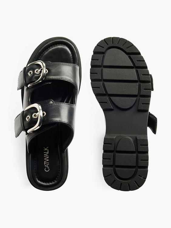 Black Padded Slip On Sandal with Buckle Detail