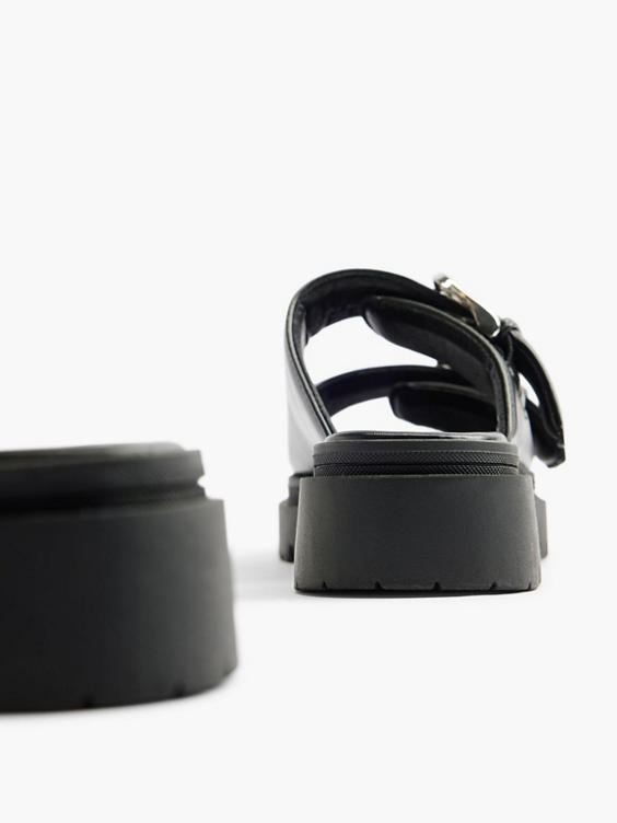 Black Padded Slip On Sandal with Buckle Detail