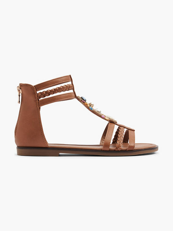 Brown Ankle Strap Sandal with Gem Details