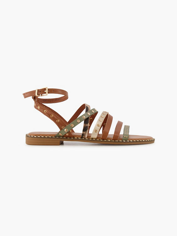 Tan Flat Sandal with Multi Coloured Studded Straps