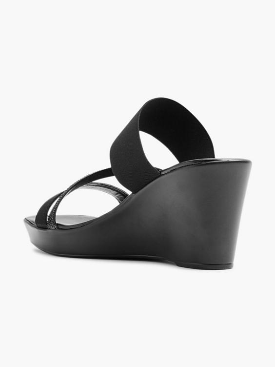 Black Strappy Wedge Mule with Diamante Details