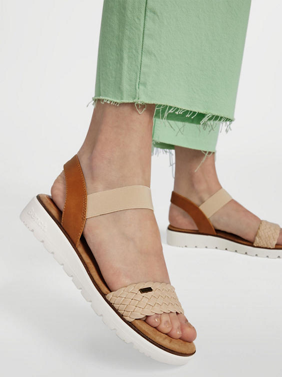 Beige and Tan Bench Sandal with Woven Strap