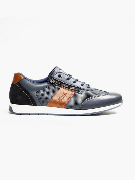 Navy Blue Casual Leather Lace-up Trainer with Zip