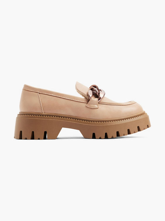 Beige Chunky Loafer with Chain Detail and Fleece Lining 