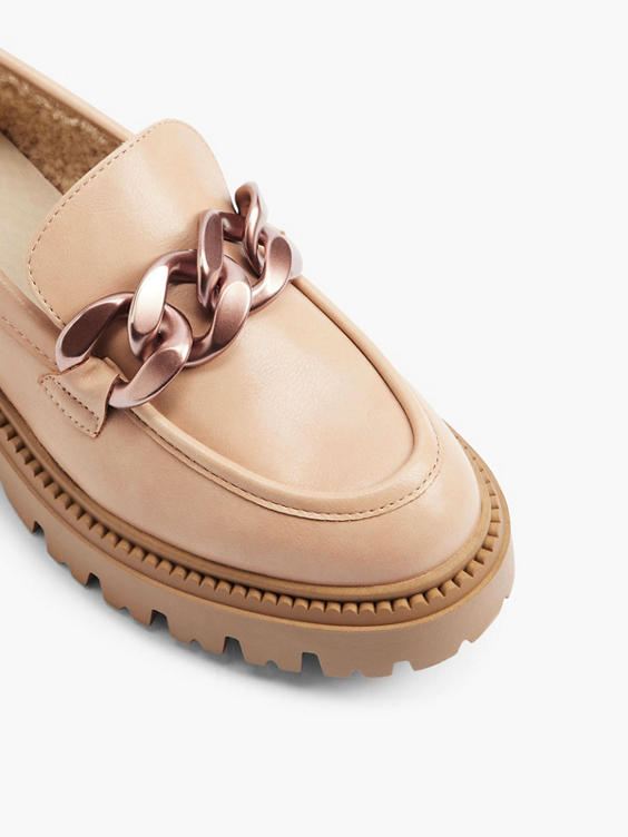 Beige Chunky Loafer with Chain Detail and Fleece Lining 