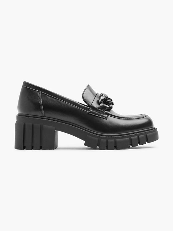 Black Chunky Heeled Loafer with Chain Detail