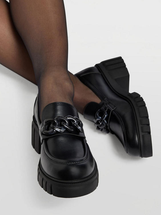 Black Chunky Heeled Loafer with Chain Detail