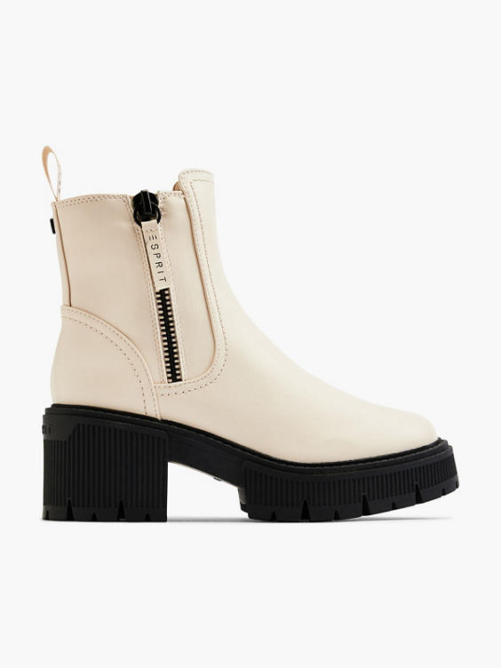 Beige Heeled Boot with Contrasting Sole and Zip Detail