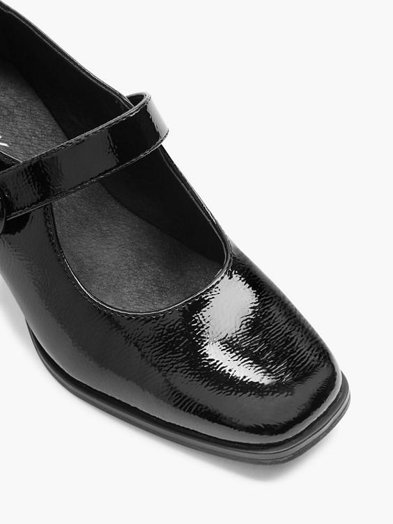 Black Patent Court Shoe With Buckle Strap 