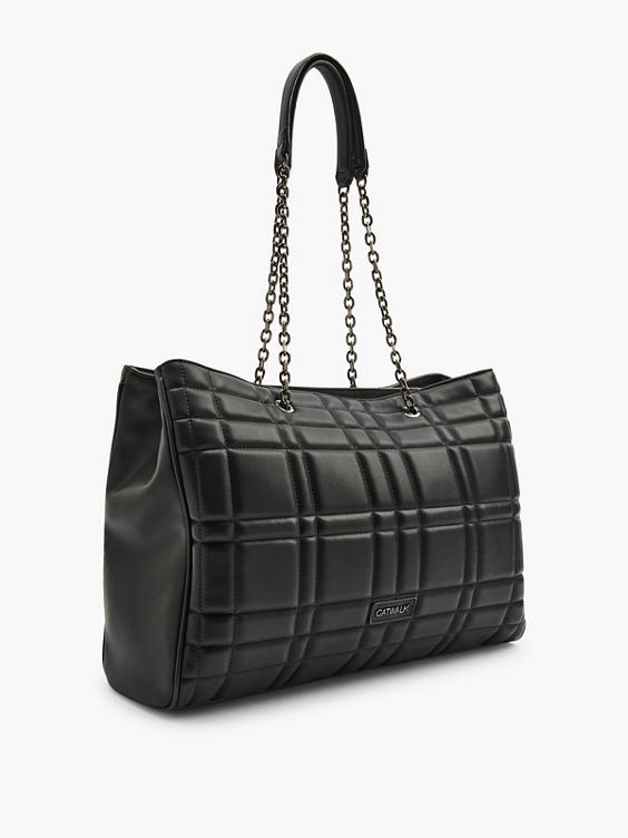 Black Quilted Shoulder Bag with Chain Detail Handle 