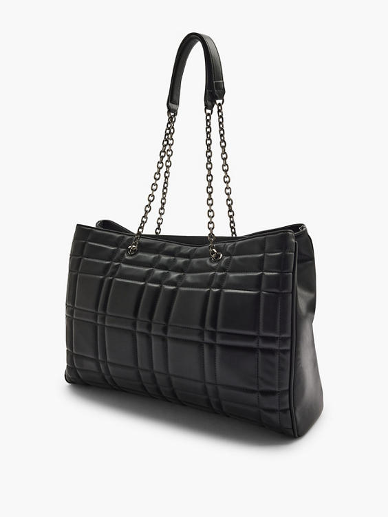 Black Quilted Shoulder Bag with Chain Detail Handle 