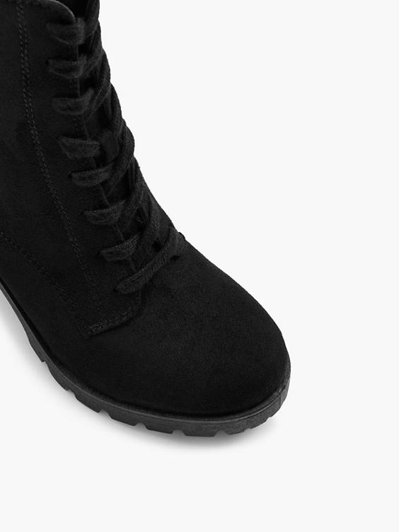 Black Lace Up Heeled Platform Boot 