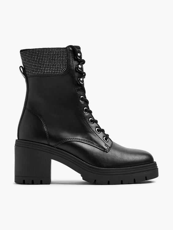 Black Lace Up Heeled Boot with Studded Panel 