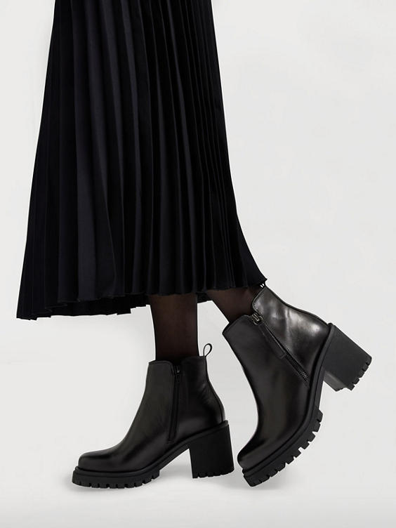 Black Leather Heeled Ankle Boot with Zipper